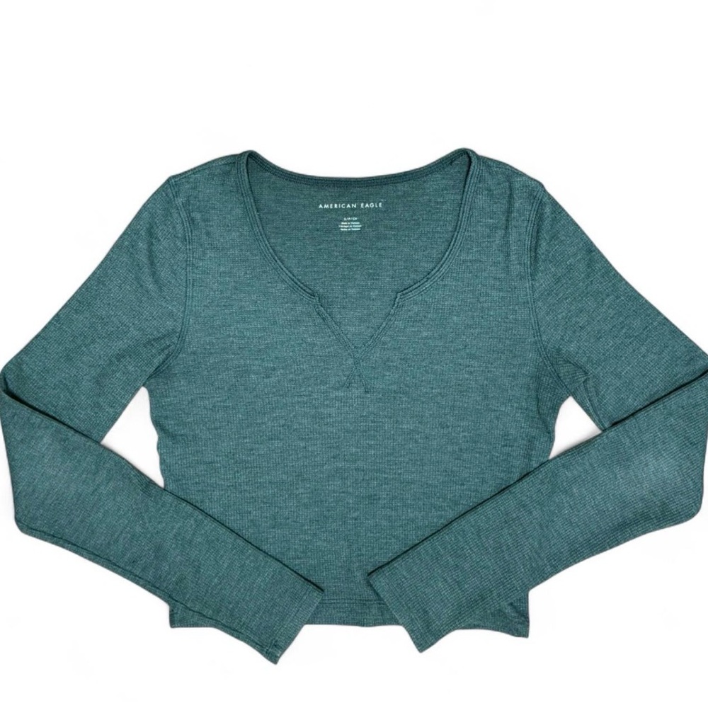 American Eagle Outfitters Teal Ribbed V-Neck Long Sleeve Top